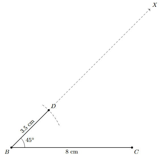 Step 3 Step 3: A point D is marked on ray BX such that BD = 3.5 cm.